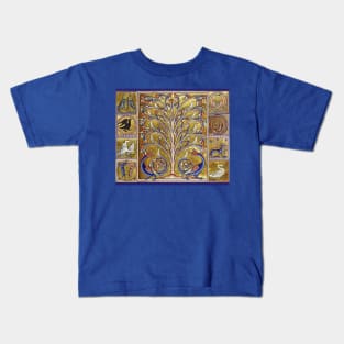 MEDIEVAL BESTIARY,TREE OF LIFE ,BIRDS,DRAGONS FANTASTIC ANIMALS IN GOLD RED BLUE COLORS Kids T-Shirt